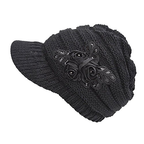 FSSTUD Damen Winter Warme Gestrickte Strickmütze Strick Beanie Mütze mit Schild Cap Schwarz von FSSTUD