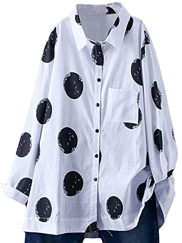 FTCayanz Damen Bluse Langarm Shirts Polka-Dots Locker Hemd Freizeit Oberteil Weiß L von FTCayanz