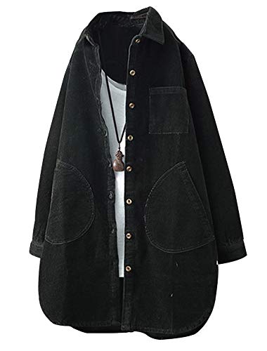 FTCayanz Damen Cord Jacke Übergangsjacke Herbst Button-Down Shirts Lang Mantel Outwear Schwarz XXL von FTCayanz