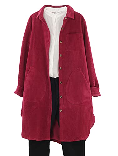 FTCayanz Damen Cordjacke Übergangsjacke Langarm Cord Hemd Knopfverschluss Lang Mantel mit Tasche Weinrot L von FTCayanz