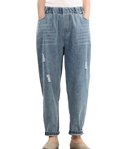 FTCayanz Damen Elastische Taille Cropped Jeans Baggy Kordelzug Stretch Denim Hose mit Taschen - - X-Groß von FTCayanz