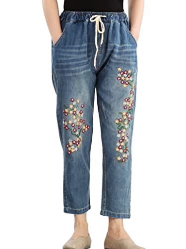 FTCayanz Damen Elastische Taille Cropped Jeans Baggy Kordelzug Stretch Denim Hose mit Taschen - - X-Groß von FTCayanz