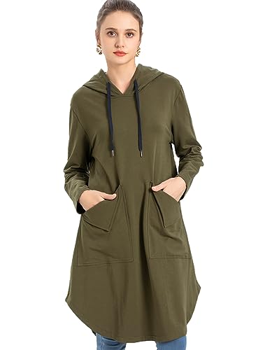 FTCayanz Damen Hoodie Kleid Langarm Kapuzenpullover Herbst Sweatkleid Lange Sweatshirts Kleider mit Taschen Armeegrün 2XL von FTCayanz