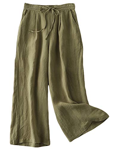 FTCayanz Damen Leinen Culottes Hose Leichte Weitem Bein Sommerhose mit Kordelzug Armeegrün XL von FTCayanz