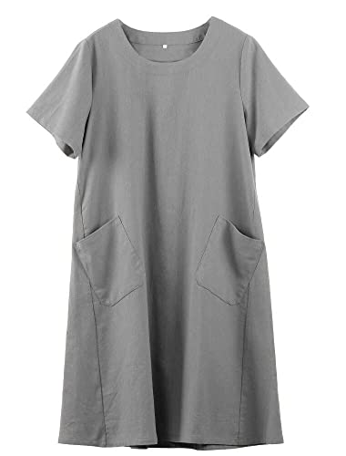 FTCayanz Damen Leinen Hemdkleider Sommer Casual Kurzarm Plaid Tunika Midikleid, Grau, Groß von FTCayanz