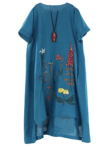 FTCayanz Damen Leinen Tunika Kleider Sommer Boho Gestickt Leinenkleider Strand Sommerkleider mit Taschen Art 1-Blau M von FTCayanz