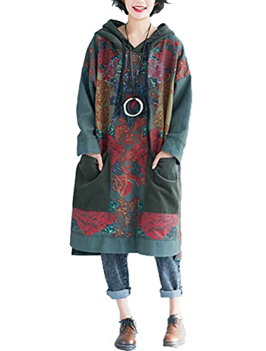 FTCayanz Damen Oversized Baumwolle Kleider Ethnic Bedruckt Herbst Kleid Taschen - - Groß von FTCayanz