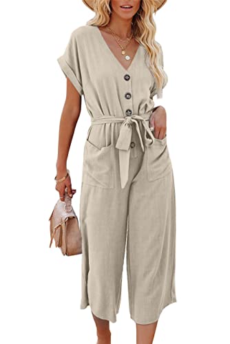 FTCayanz Damen Sommer Casual Jumpsuits Leinen V Ausschnitt Kurzarm Weite Bein Strampler Overalls mit Taschen, Naturleinen, Large von FTCayanz