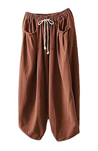 FTCayanz Damen Weite Baggy Haremshose Freizeithose Sommer Baumwolle Lockere Palazzo Hosen mit Taschen Orange L von FTCayanz