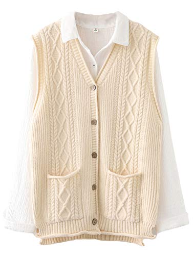 FTCayanz Damen Weste Ärmellose Strickjacke Cardigan V-Ausschnitt Knopf Strickweste mit Tasche Beige S von FTCayanz