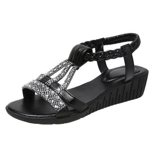 FUIPOT Damen Riemchensandalen Keil Strass Böhmische Sandalen Sommer Damen Weiche Leichte Sandalen Flache Sandalen Schuhe Für Outdoor Strand Flip Flops,Schwarz,36 von FUIPOT