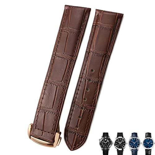 FUKUZL 18mm 19mm 20mm Rindsleder Uhrenarmband für Omega Seamaster 300 Speedmaster Uhrenarmbänder(Color:Brown brown rose,Size:18mm) von FUKUZL