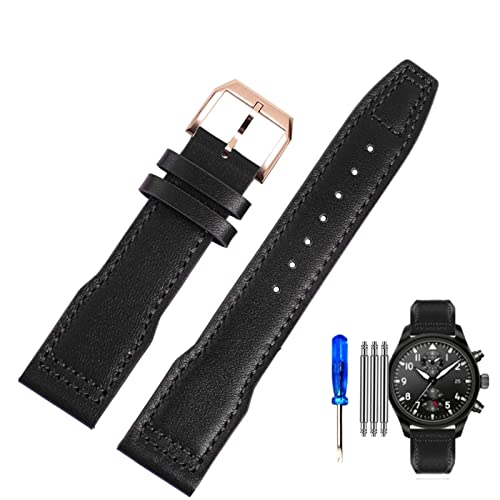 FUKUZL Uhrenarmband aus echtem Leder für IWC Pilots Little Prince Male Mark 18 Big Fly Portugal, weiches, bequemes Armband, 20 mm Armband(Color:Black-rose gold-K10,Size:20mm) von FUKUZL