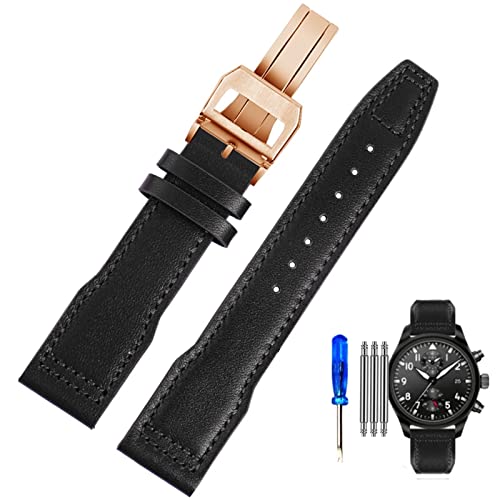 FUKUZL Uhrenarmband aus echtem Leder für IWC Pilots Little Prince Male Mark 18 Big Fly Portugal, weiches, bequemes Armband, 20 mm Armband(Color:Black-rose gold-ZK,Size:21mm) von FUKUZL