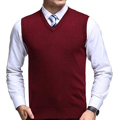 FULIER Herren Winter V-Ausschnitt Sleeveless Weste Classic Business Gentleman Strickwaren Strick Weste Pullover Strickjacken Tanktops (XL, Rot) von FULIER