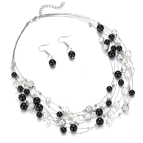 FULU AUTUMN Boho Perlenkette Damen Silber Statement Kette Mehrreihige Modeschmuck Geburtstagsgeschenk für Frauen(37-Black and white) von FULU AUTUMN