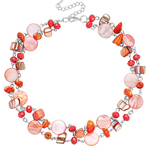 FULU AUTUMN Kristall Perlenkette Boho Muschelkette Damen Statement Bunte Mehrreihige Halskette Modeschmuck Geschenke für Fraue(59-Pink orange) von FULU AUTUMN