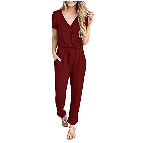 FUPODD Overall Damen Elegant Hosenanzüge für Damen Hosenanzug Elegant Mit Gummizug Jumpsuit Sommer Lang Kurzarm Overall Mit Taschen Und V-Ausschnitt Latzhose Arbeitskleidung Playsuits Plus Size von FUPODD