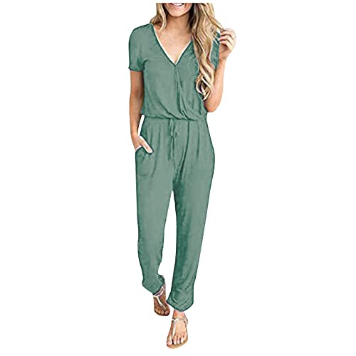 FUPODD Overall Damen Elegant Hosenanzüge für Damen Hosenanzug Elegant Mit Gummizug Jumpsuit Sommer Lang Kurzarm Overall Mit Taschen Und V-Ausschnitt Latzhose Arbeitskleidung Playsuits Plus Size von FUPODD