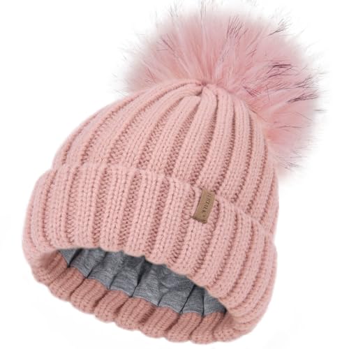 FURTALK Kleinkind Beanie Baumwollfutter Bommelmütze mit Kunstpelz Ball Unisex Mädchen & Jungen Kinder Winter Pom Pom Strickmütze von FURTALK