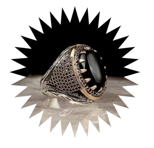 FUSHENGTER Ringe Damen Ring Für Damen Frauen Finger Herren Geschenk Handgefertigter Punk-Ring Für Männer, Vintage-Ring Mit Schwarzem Stein, 11 Weiss von FUSHENGTER