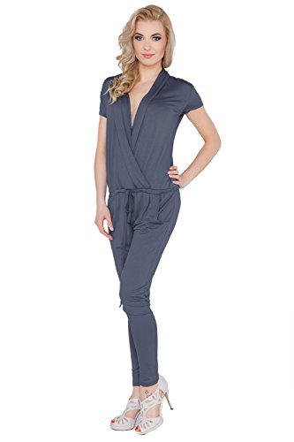 FUTURO FASHION® - Damen Jumpsuit mit Taschen - V-Ausschnitt - Wickel-Optik - Größe 36-46 - 1080 - Graphit - 40 (L) von FUTURO FASHION