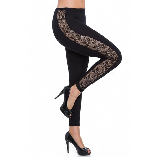 FUTURO FASHION® - Leggings mit Streifen aus Spitze - lang - elegant - Baumwolle - LPL - Schwarz - 38 von FUTURO FASHION