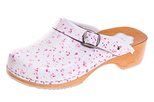 FUTURO FASHION® - Damen Clogs - gesund & natürlich - Echtleder - Holzsohle - Unisex-Farben - einfarbig - Größe 36-42 - Weiß/Pink mit Blumen - 38 EU von FUTURO FASHION