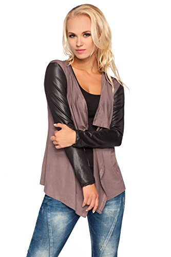 FUTURO FASHION - Damen Cardigan mit Wasserfall-Design - Ärmel in glänzender Leder-Optik - elegant - Viskose - 8079 - Cappuccino - 36/38 (M) von FUTURO FASHION