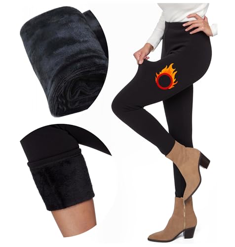 FUTURO FASHION Damen-Leggings mit Pelzfutter, dicke Thermo-Fleece-gefütterte Leggings, gemütlich, lässig, warm, dehnbar, mittlere Taille und hohe Taille, Polarhose, Größe S-3XL, Schwarz, mittlere von FUTURO FASHION