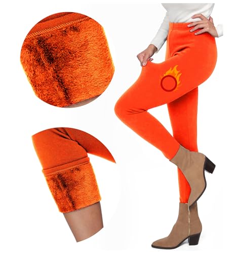 FUTURO FASHION Damen Fellgefütterte dicke Leggings Thermo-Fleece gefütterte Leggings Frauen I Gemütlich Lässig Warm Dehnbar Mittlere Taille und Hohe Taille Polarhose Hose I Größen S-3XL, Orange, M von FUTURO FASHION