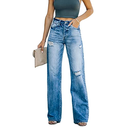 Damen Zerrissene Jeans Mid Rise Fitted Jeanshose Damen Moderne Gerade Jeans Damen Zerrissene Jeans Bequeme Hose Destroyed Jeans im Used-Look Mit Löchern (Color : Blue, Size : L) von FUZUAA