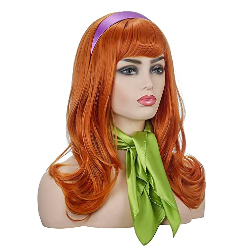 Lange gewellte orangefarbene Perücke | FVCENT Full Bangs Ginger Perücken Halloween Cosplay Kostüm Party Synthetische Perücke mit lila Kopfknall und grünem Schal (Daphne) von FVCENT