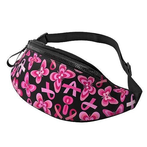 Bauchtasche mit Brustkrebs-Band, rosa Schmetterlingsmuster, verstellbare Hüfttasche, Umhängetasche, Reise-Gürteltasche für Damen und Herren von FWJZDSP
