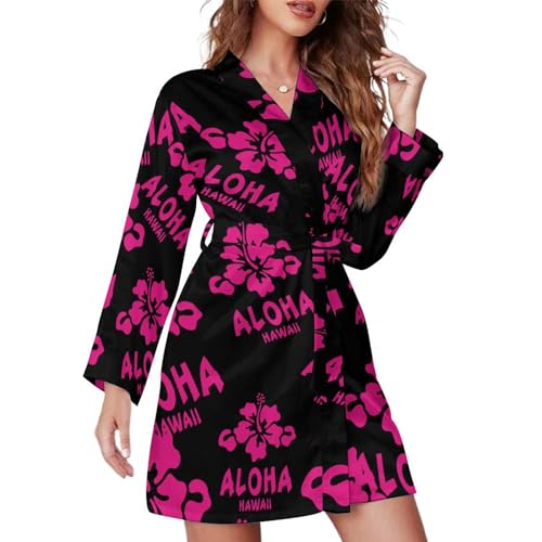 FWJZDSP Aloha Hibiskusblüten-Bademantel für Damen mit Gürtel, langärmelige Nachthemden für Damen, V-Ausschnitt, Nachtwäsche, Bademantel von FWJZDSP