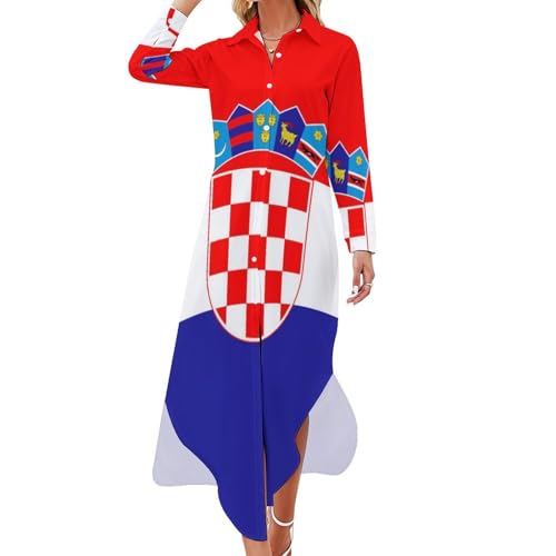 Kroatien, kroatische Flagge, Damen-Hemdkleid, langärmelig, Knopfleiste, langes Maxikleid, lässige Bluse, Swing-Kleider von FWJZDSP