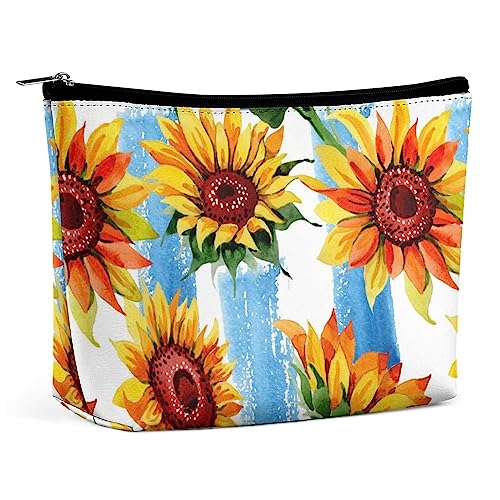 Make-up-Tasche, Wildblumen-Sonnenblume, Frühling, wasserdichte Kosmetiktasche für Geldbörse, Aquarell-Stil, Pflanzen, Make-up-Tasche aus PU-Leder mit Reißverschluss, Reise-Kulturtasche für Frauen von FWJZDSP