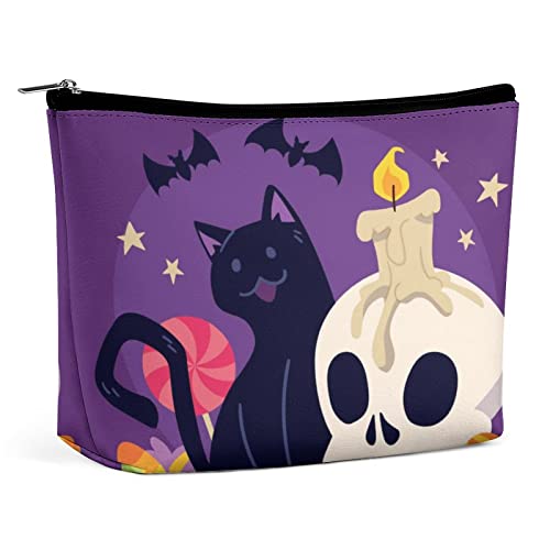 Make-up-Tasche mit Halloween-Motiv, süße Katze, Totenkopf-Kerze, Fledermaus, Reise-Make-up-Tasche, Make-up-Tasche aus PU-Leder, Kosmetiktasche für Geldbörse, tragbare Kulturtasche, Make-up-Taschen f von FWJZDSP