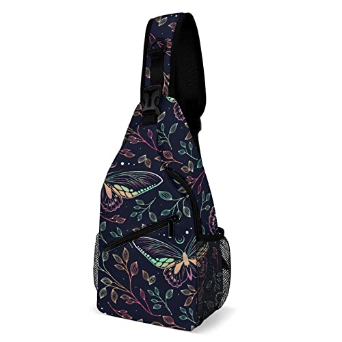 Sommer-Vintage-Schmetterlings-Schultertasche für Damen, bunte Blätter, verstellbarer Umhängetasche, Brust-Schulter-Tagesrucksack, Brusttasche für Geschenkreisen von FWJZDSP