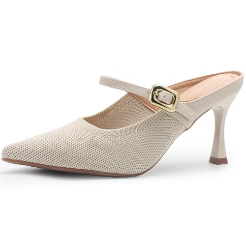 FXGOING Damen Pantoletten mit spitzem Zehenabsatz, gestrickt, Absatz, Schnallenriemen, Schlupfschuhe, rückenfrei, Kleid, Beige, 41 EU FXGOING Damen Pantoletten mit spitzem Zehenabsatz, gestrickt, Absatz, Schnallenriemen, Schlupfschuhe, rückenfrei, Kleid, Beige, 41 EU von FXGOING