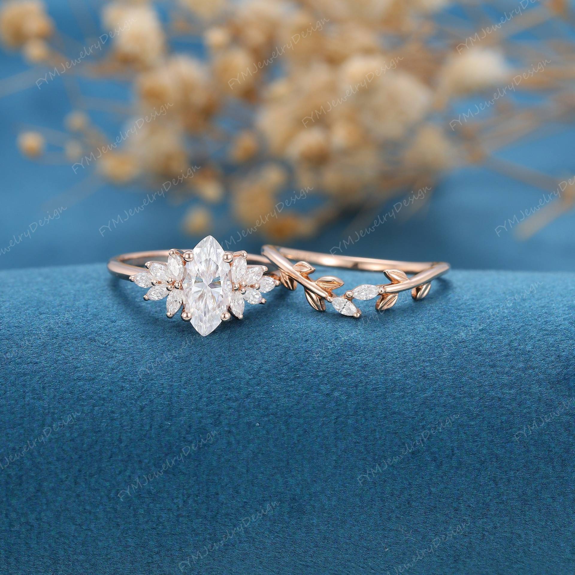 2 Stk Einzigartiger Marquise Schliff Moissanit Verlobungsring Vintage Cluster Roségold Art Deco Diamant Hochzeit Braut Geschenk von FYMJewelryDesign