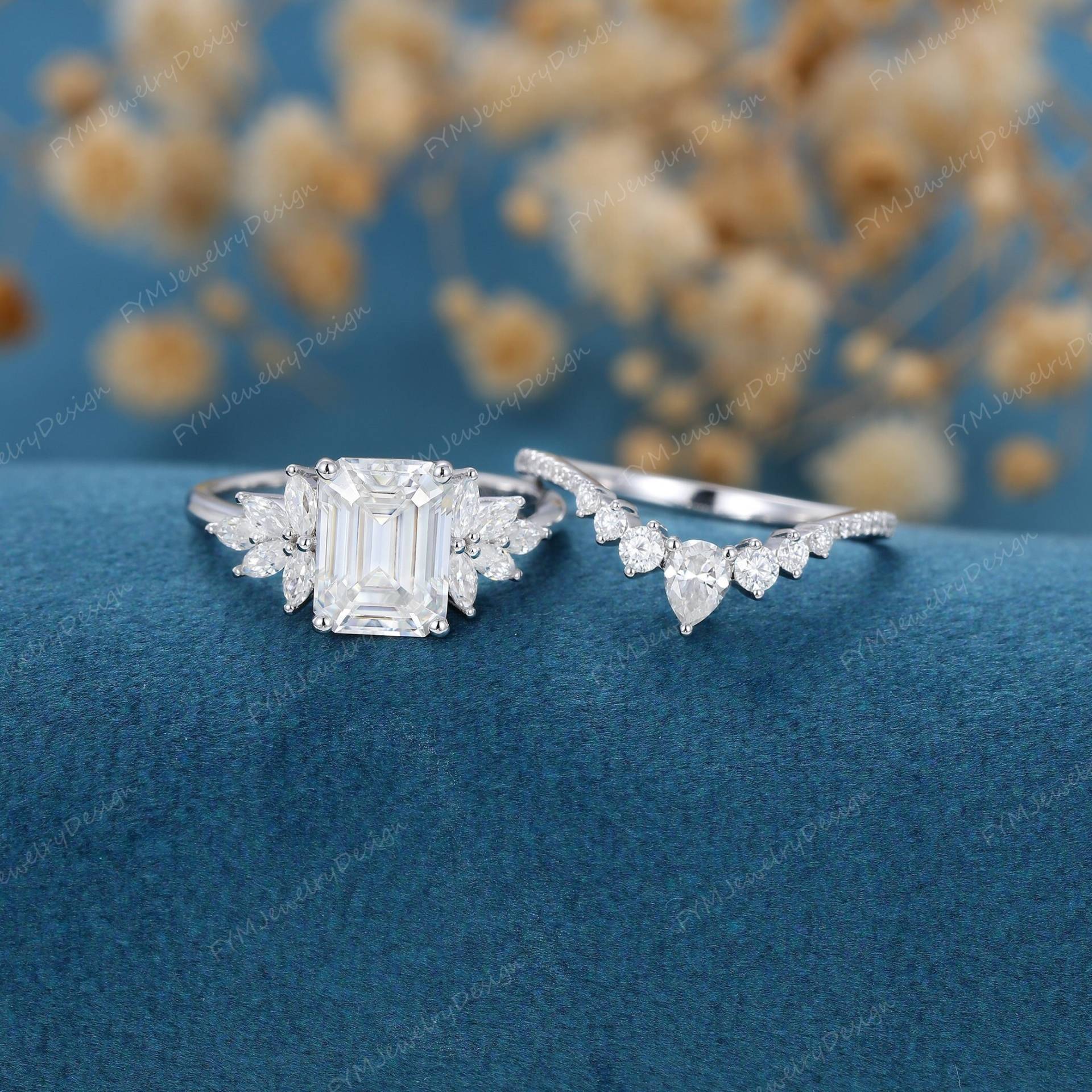 2 Stück Weißgold Smaragd Schliff Moissanit Verlobungsring Set Vintage Unikat Ring Marquise Diamant Hochzeit Braut Geschenk Für Frauen von FYMJewelryDesign