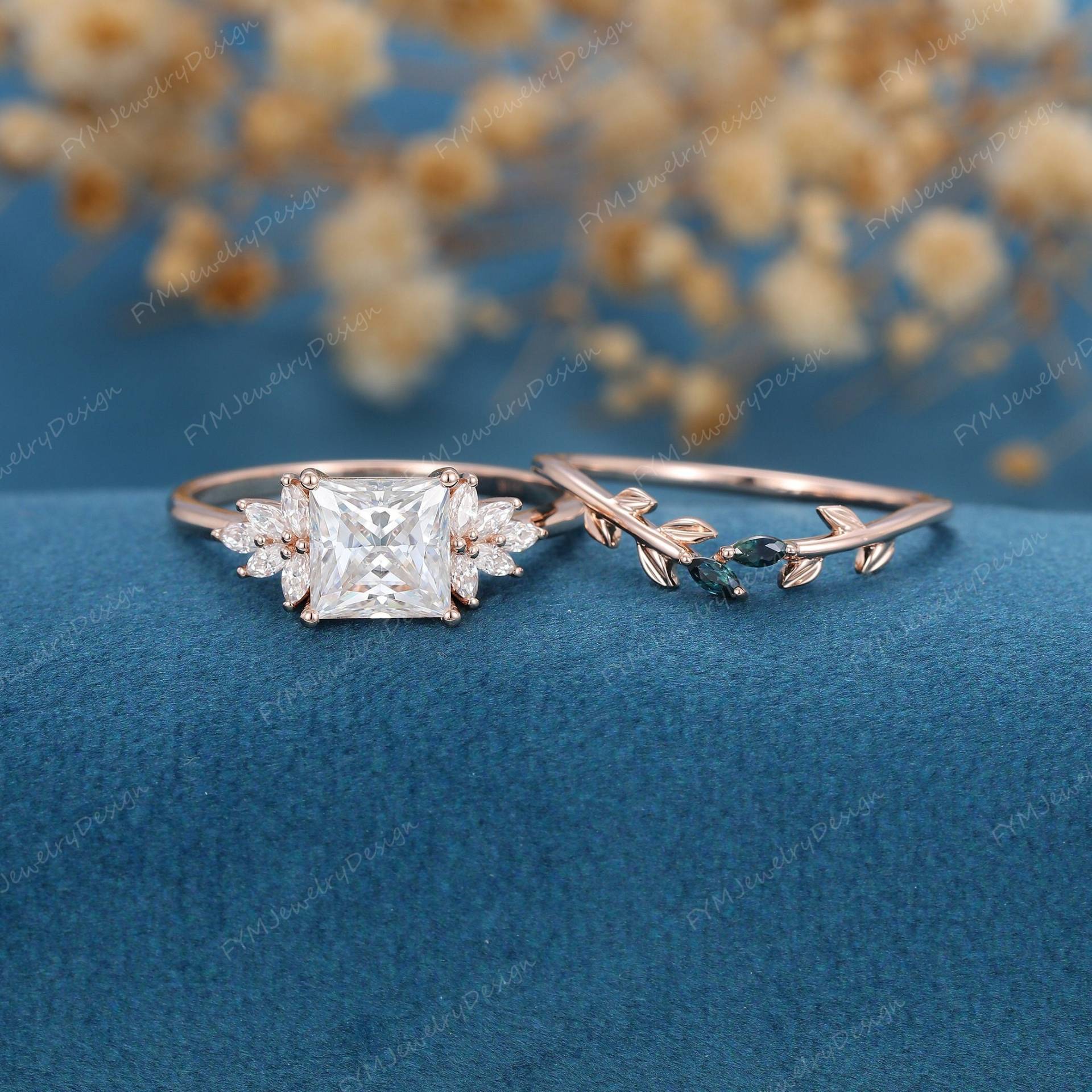 Prinzessin Cut Moissanit Verlobungsring Rosegold Vintage Cluster Marquise Saphir Hochzeit Braut Geschenk von FYMJewelryDesign