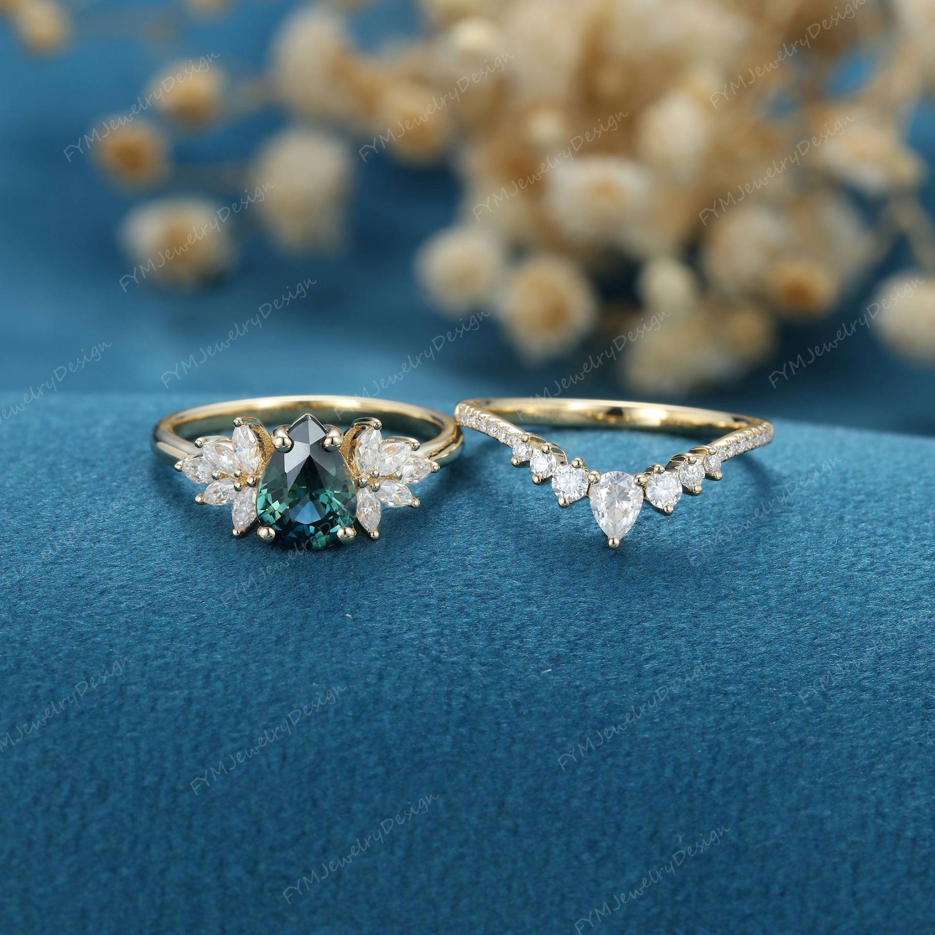 Verlobungsring Set Blau Grün Gold Marquise Diamant Hochzeit Braut Geschenk von FYMJewelryDesign