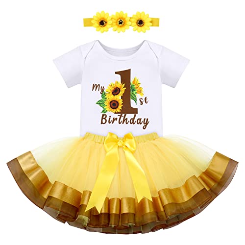 1 Jahr Erster Geburtstag Mädchen Outfit Sonnenblume Party Kleid Cake Smash Baumwolle Kurzarm Body Strampler Tutu Rock Stirnband 3tlg Sommer Bekleidungsset Fotoshooting Kostüm Gelb - Sonnenblume von FYMNSI