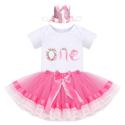 1. Geburtstag Mädchen Baby Outfit Blumen 1 Jahr Party Kleid Cake Smash Baumwolle Kurzarm Body Strampler Tutu Rock Krone Stirnband 3tlg Sommer Bekleidungsset Fotoshooting Kostüm Rose Blumen - One von FYMNSI