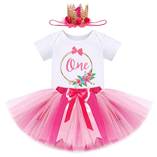 1. Geburtstag Mädchen Baby Outfit Blumen 1 Jahr Party Kleid Cake Smash Baumwolle Kurzarm Body Strampler Tutu Rock Krone Stirnband 3tlg Sommer Bekleidungsset Fotoshooting Kostüm Rose - One 1 Jahr von FYMNSI