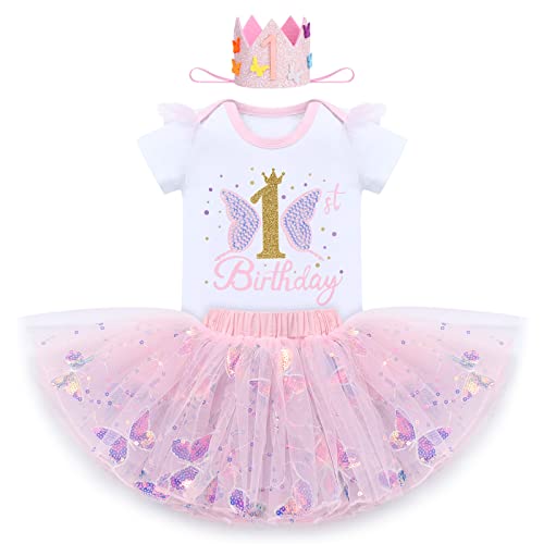 1. Geburtstag Mädchen Baby Outfit Schmetterling 1 Jahr Party Prinzessin Kleid Baumwolle Kurzarm Body Strampler Tutu Rock Krone Stirnband 3tlg Sommer Bekleidungsset Fotoshooting Kostüm Rosa 1 Jahr von FYMNSI