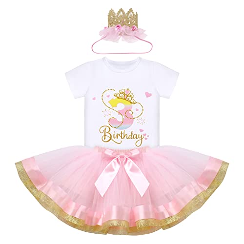 3 Geburtstag Mädchen Outfit Baby Dritter Geburtstag Partykleid Baumwolle Kurzarm T-shirt Top Prinzessin Tüll Tütü Rock Krone Set 3 Jahre Geburtstagsparty Fotoshooting Sommer Taufkleid Rosa + Gold 3J von FYMNSI