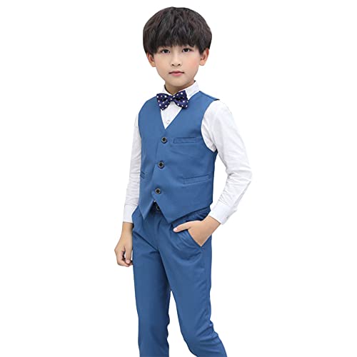 4 Teiliges Anzug Set für Kinder Jungen Gentleman Smoking Hochzeit Festlich Kinderanzug Taufe Formal Bekleidung Langarm Hemd Weste Hosen Fliege Freizeitkleidung für Frühling Herbst Blau 7-8 Jahre von FYMNSI